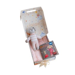 A set with a personalized book, an author's toy and a blanket 